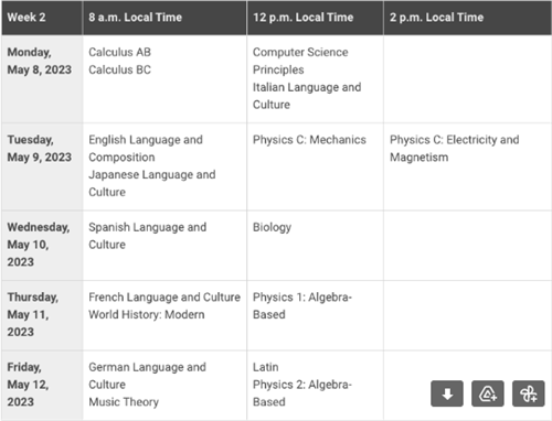AP Exam Week 2 Schedule Screenshot