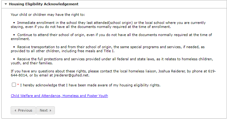 Housing Eligibility Acknowledgement