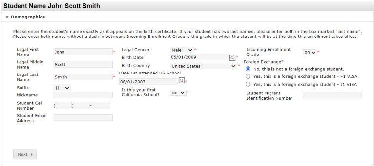online registration student demographics