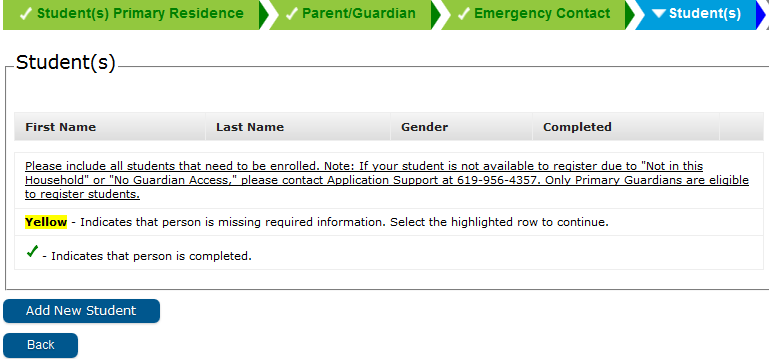 Sample screen of Student Review page in Online Registration