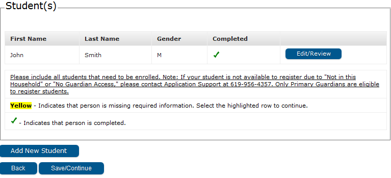 Sample screen of Student Review page in Online Registration