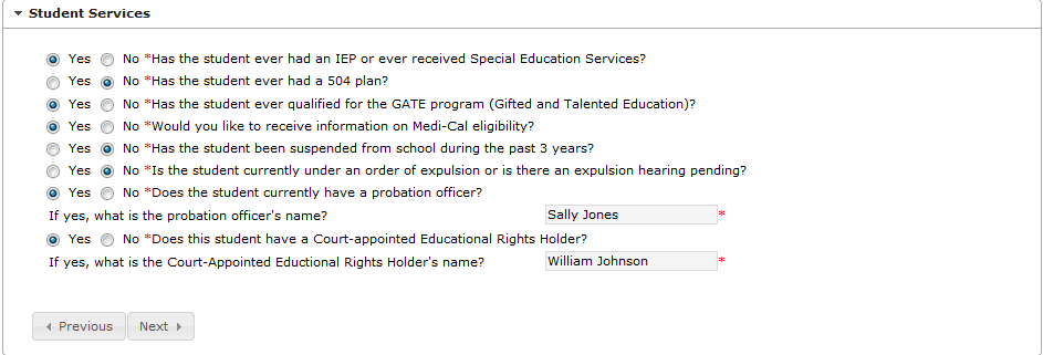 Sample screen of Student Review page in Online Registration