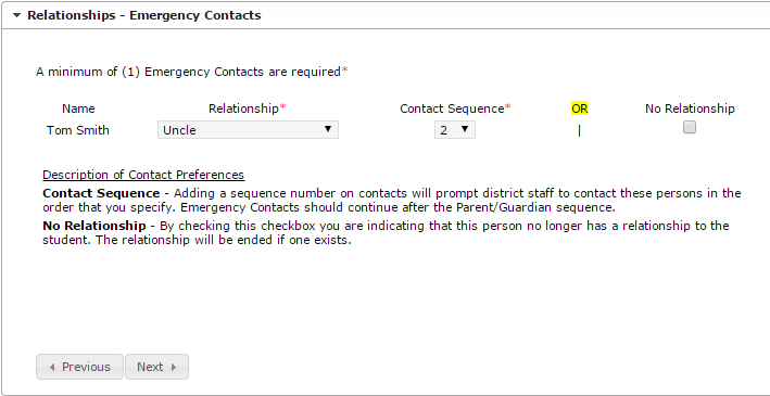 Sample screen of Emergency Contact Relationships in the Student section of Online Registration