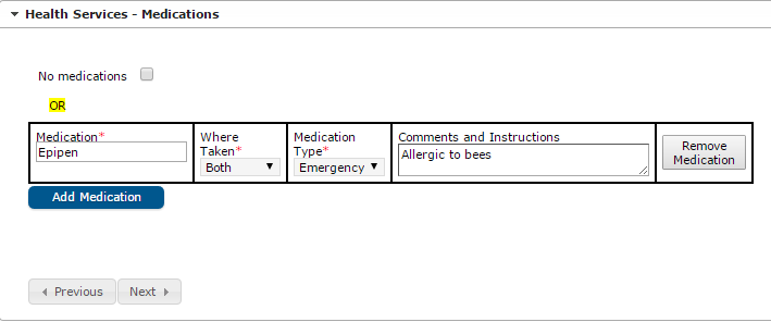 Sample screen of Medications in the Student section in Online Registration