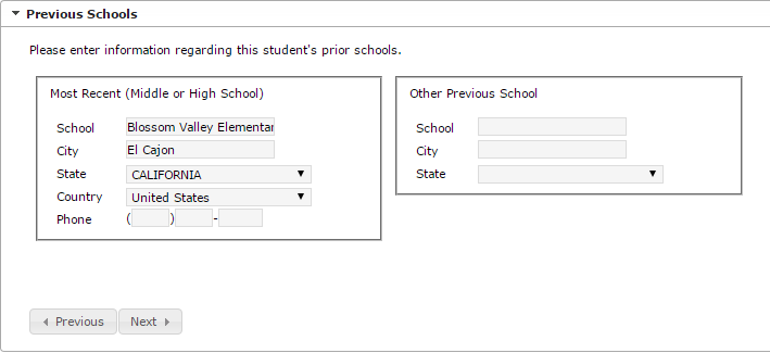 Sample screen of Previous School in the Student section in Online Registration
