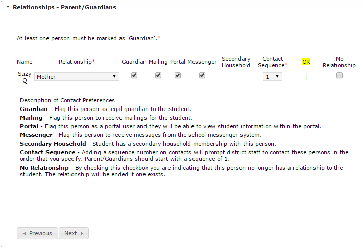 Sample screen of Parent/Guardian Relationships in Student section in Online Registration
