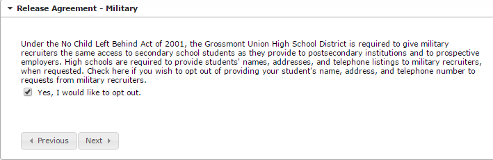 Sample screen of Military Release Agreement in Student section in Online Registration