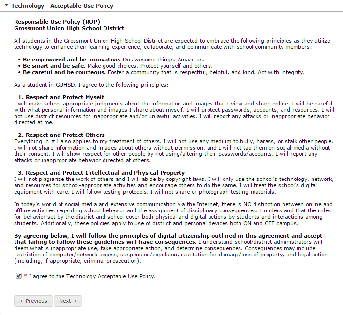 Sample screen of Technology Acceptable Use Policy in Student section in Online Registration
