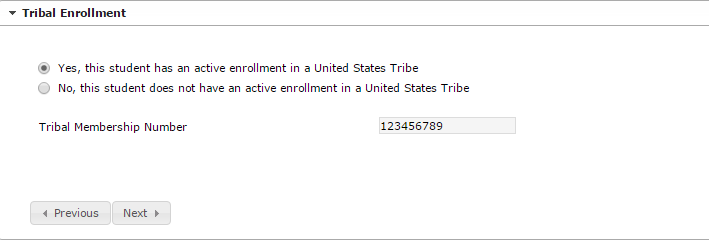 Sample screen of Tribal Enrollment in the Student section of Online Registration