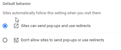 Screen shot: Sites can send pop-ups and use redirects