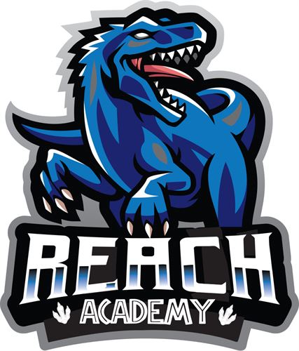 Blue raptor with teeth and tongue showing above the REACH Academy sign. Little dino paws around Academy