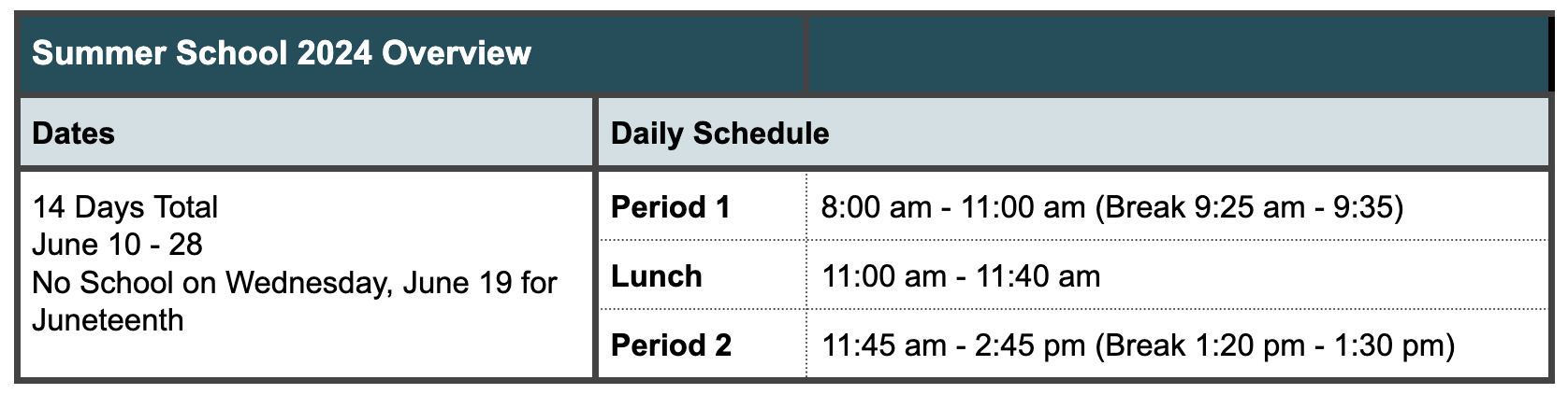 summer school schedule